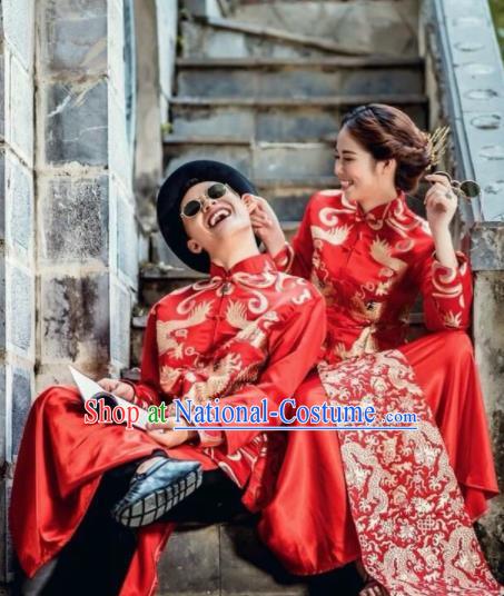 Asian Vietnam Traditional Wedding Costumes Vietnamese National Bride and Bridegroom Ao Dai Clothing Complete Set