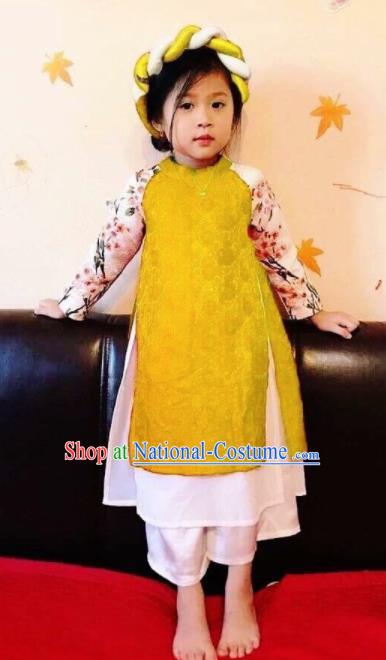 Asian Vietnam Traditional Yellow Dress Vietnamese National Classical Ao Dai Cheongsam for Kids