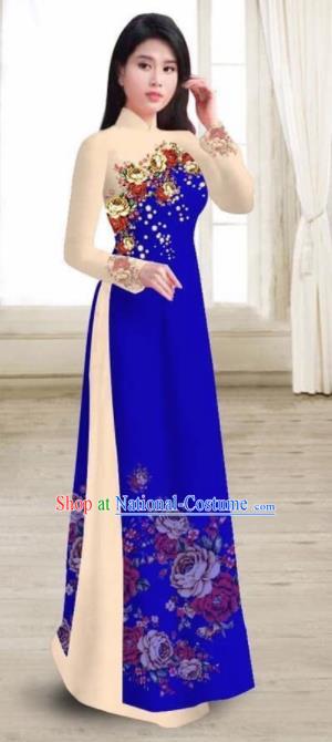 Asian Vietnam Traditional Printing Rose Royalblue Dress Vietnamese National Classical Ao Dai Cheongsam for Women