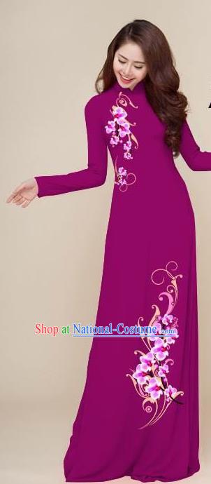 Asian Vietnam Traditional Printing Plum Purple Dress Vietnamese National Classical Ao Dai Cheongsam for Women