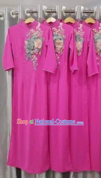 Asian Vietnam Traditional Embroidered Rosy Dress Vietnamese National Classical Ao Dai Cheongsam for Women