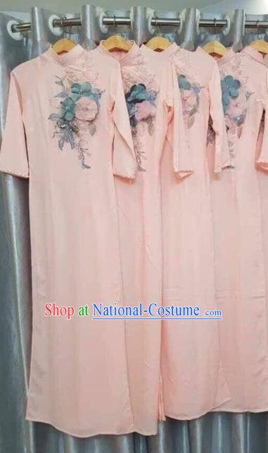 Asian Vietnam Traditional Embroidered Pink Dress Vietnamese National Classical Ao Dai Cheongsam for Women