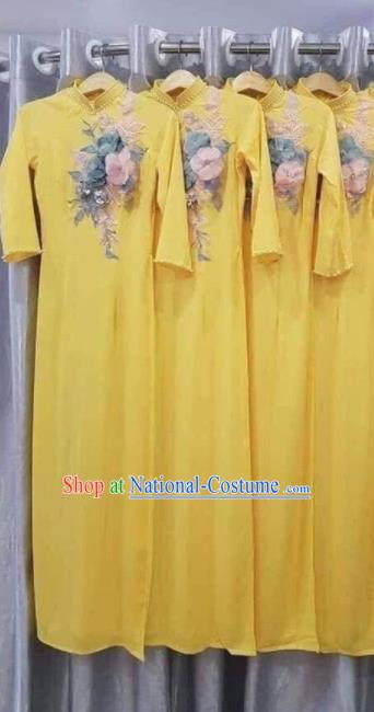 Asian Vietnam Traditional Embroidered Yellow Dress Vietnamese National Classical Ao Dai Cheongsam for Women