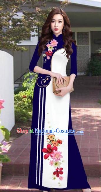 Asian Vietnam Traditional Printing Flowers Deep Blue Dress Vietnamese National Classical Ao Dai Cheongsam for Women