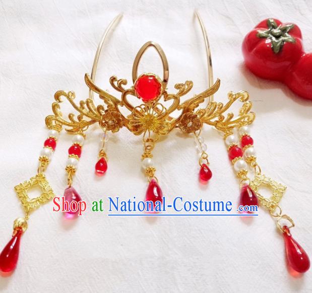 Chinese Ancient Princess Hairpins Palace Golden Tassel Hair Crown Traditional Hanfu Hair Accessories for Women