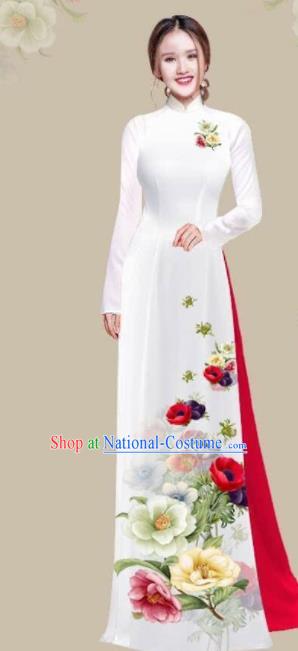 Asian Vietnam Traditional Printing Camellia Dress Vietnamese National Classical Ao Dai Cheongsam for Women