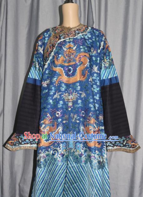 Chinese Traditional Drama Costume Ancient Qing Dynasty Emperor Embroidered Blue Dragon Robe for Men