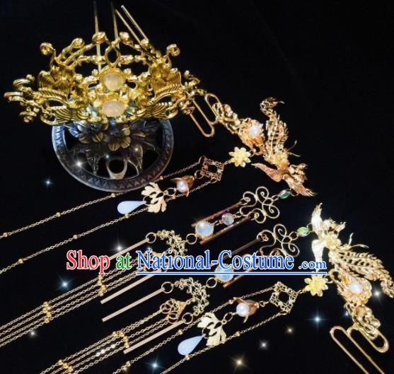 Chinese Ancient Palace Princess Golden Hairdo Crown Tassel Hairpins Traditional Hanfu Hair Accessories for Women