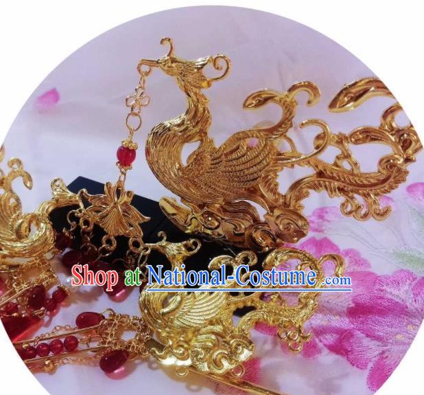 Chinese Ancient Palace Princess Golden Phoenix Tassel Hairpins Traditional Hanfu Hair Accessories for Women