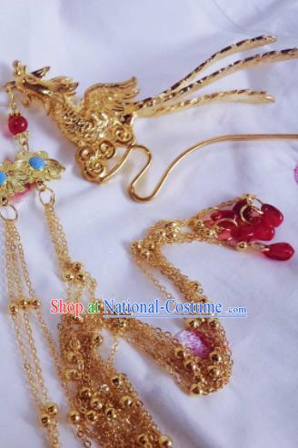 Chinese Ancient Palace Queen Golden Phoenix Tassel Hairpins Traditional Hanfu Hair Accessories for Women