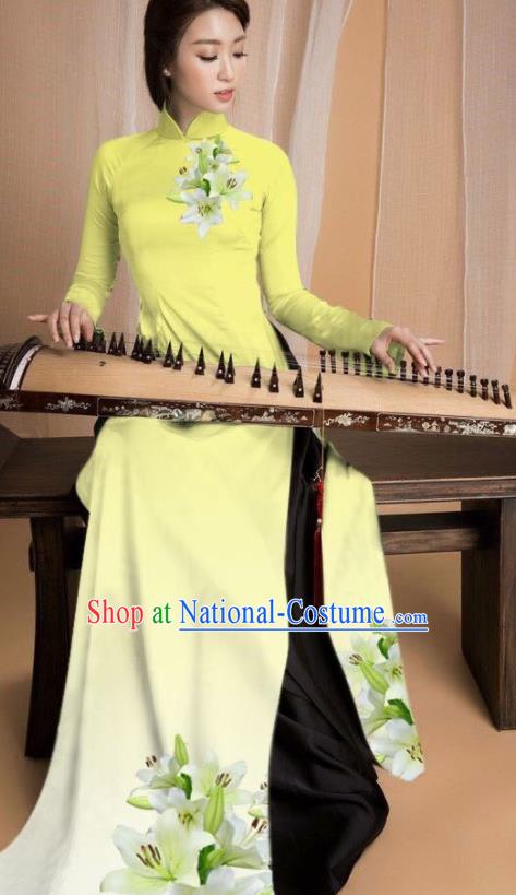 Asian Vietnam Traditional Printing Lily Flowers Yellow Dress Vietnamese National Classical Ao Dai Cheongsam for Women