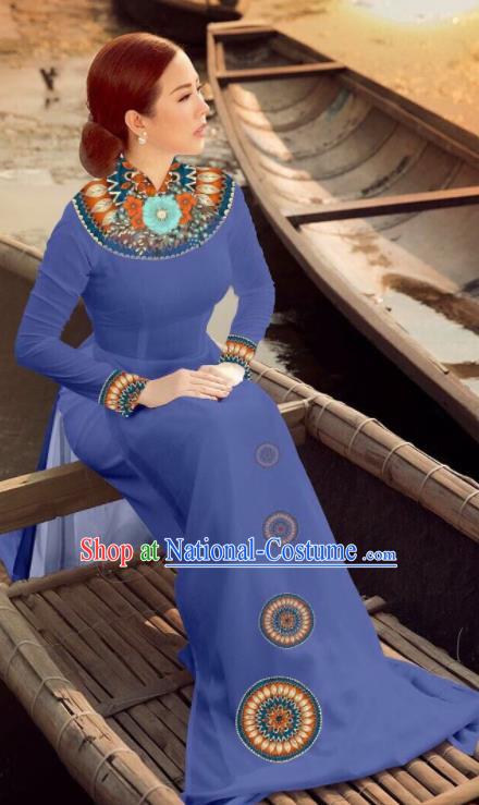 Asian Vietnam Traditional Bride Lake Blue Dress Vietnamese National Classical Ao Dai Cheongsam for Women