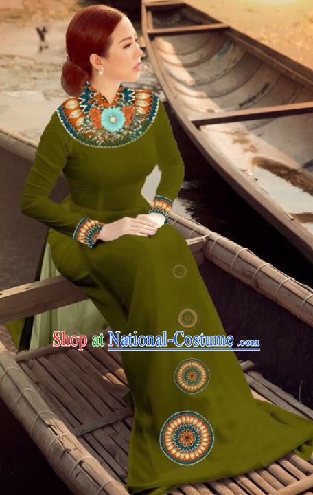 Asian Vietnam Traditional Bride Olive Green Dress Vietnamese National Classical Ao Dai Cheongsam for Women