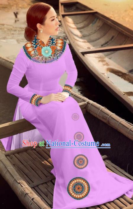 Asian Vietnam Traditional Bride Lilac Dress Vietnamese National Classical Ao Dai Cheongsam for Women