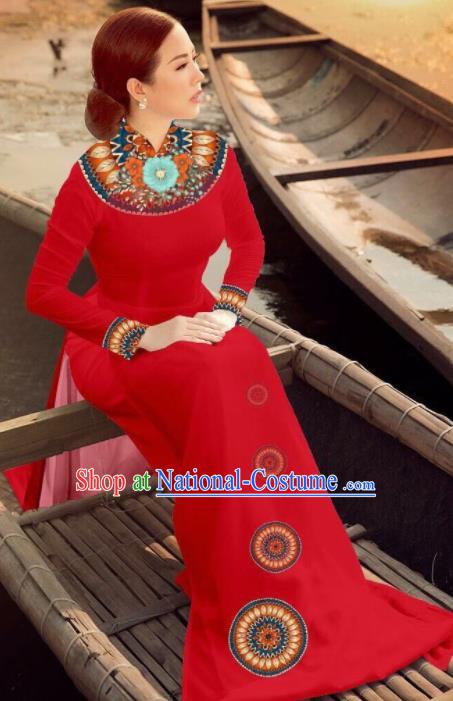 Asian Vietnam Traditional Bride Red Dress Vietnamese National Classical Ao Dai Cheongsam for Women