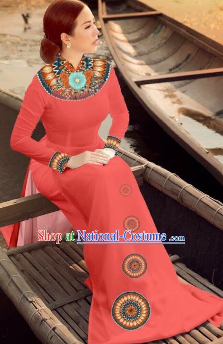 Asian Vietnam Traditional Bride Watermelon Red Dress Vietnamese National Classical Ao Dai Cheongsam for Women