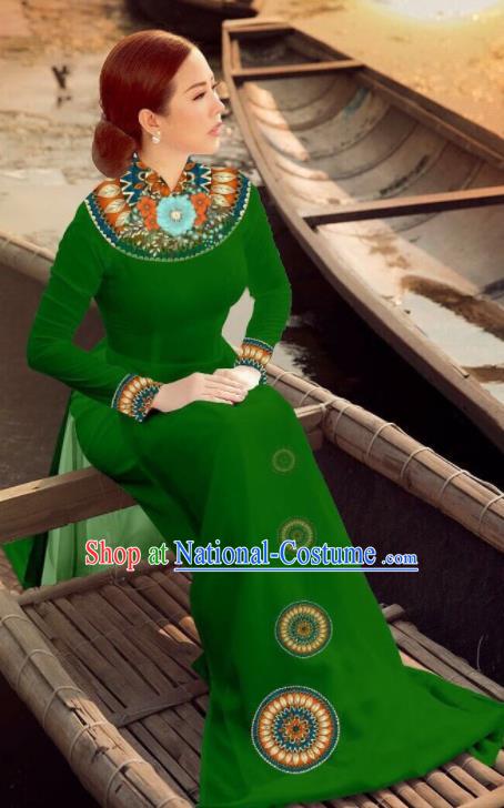 Asian Vietnam Traditional Bride Deep Green Dress Vietnamese National Classical Ao Dai Cheongsam for Women