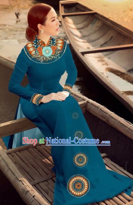 Asian Vietnam Traditional Bride Navy Dress Vietnamese National Classical Ao Dai Cheongsam for Women