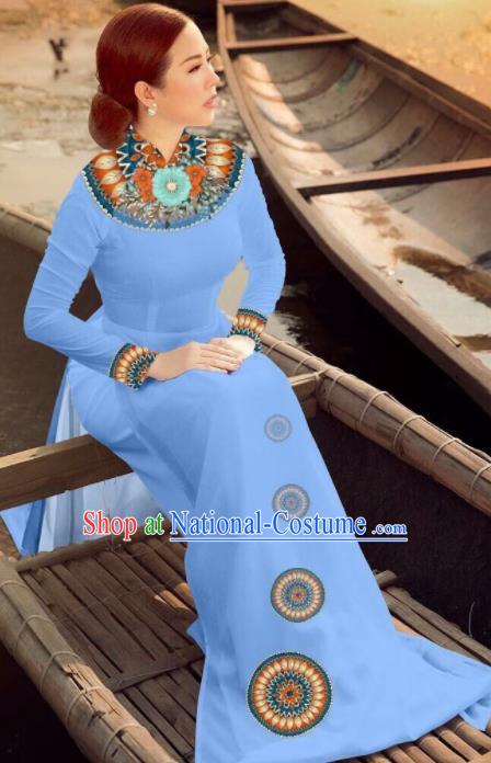 Asian Vietnam Traditional Bride Blue Dress Vietnamese National Classical Ao Dai Cheongsam for Women