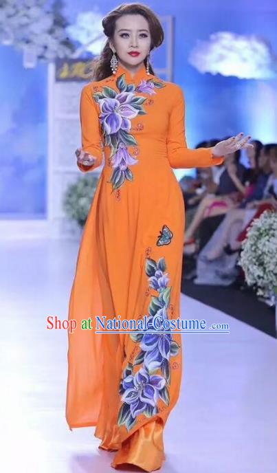 Asian Vietnam Traditional Bride Printing Flowers Orange Dress Vietnamese National Classical Ao Dai Cheongsam for Women