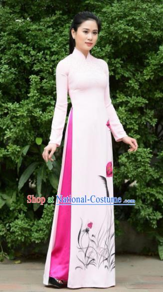 Asian Vietnam Traditional Bride Printing Light Pink Dress Vietnamese National Classical Ao Dai Cheongsam for Women