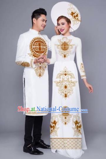 Asian Vietnam Traditional Wedding Golden Costumes Vietnamese National Classical Ao Dai Cheongsam for Women for Men