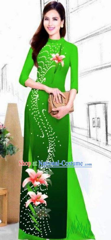 Asian Vietnam Traditional Bride Printing Lily Flowers Deep Green Dress Vietnamese National Classical Ao Dai Cheongsam for Women