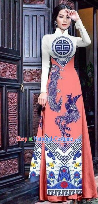 Asian Vietnam Traditional Bride Printing Phoenix Pink Dress Vietnamese National Classical Ao Dai Cheongsam for Women