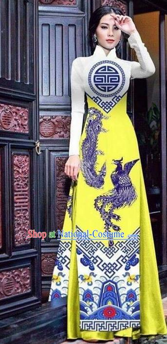 Asian Vietnam Traditional Bride Printing Phoenix Bright Yellow Dress Vietnamese National Classical Ao Dai Cheongsam for Women