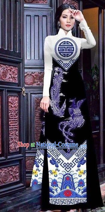 Asian Vietnam Traditional Bride Printing Phoenix Black Dress Vietnamese National Classical Ao Dai Cheongsam for Women