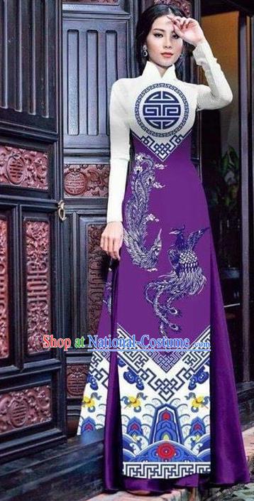 Asian Vietnam Traditional Bride Printing Phoenix Purple Dress Vietnamese National Classical Ao Dai Cheongsam for Women