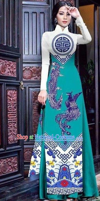 Asian Vietnam Traditional Bride Printing Phoenix Green Dress Vietnamese National Classical Ao Dai Cheongsam for Women