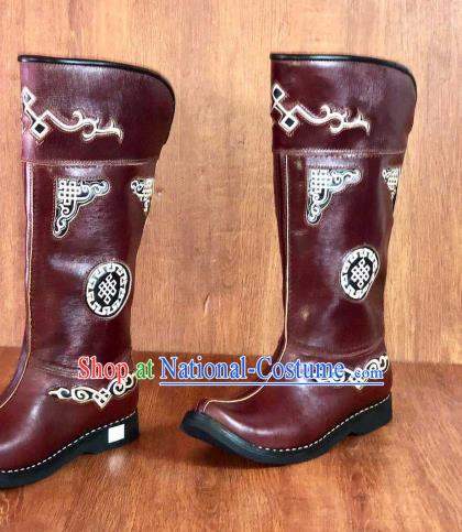 Traditional Chinese Mongol Nationality Wine Red Shoes Mongolian Minority Folk Dance Leather Boots for Men