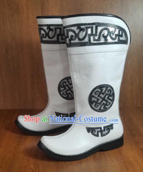 Traditional Chinese Mongol Nationality White Leather Boots Mongolian Minority Folk Dance Shoes for Men