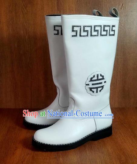 Traditional Chinese Mongol Nationality White Carving Leather Boots Mongolian Minority Folk Dance Shoes for Men