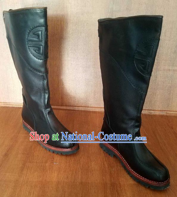 Traditional Chinese Mongol Nationality Black Leather High Boots Mongolian Minority Folk Dance Shoes for Men