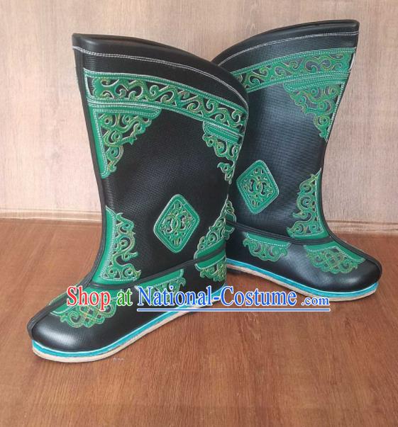 Traditional Chinese Mongol Ethnic Handmade Black Leather Boots Mongolian Minority Folk Dance Shoes for Men