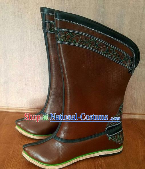 Traditional Chinese Mongol Ethnic Handmade Brown Leather Boots Mongolian Minority Folk Dance Shoes for Men