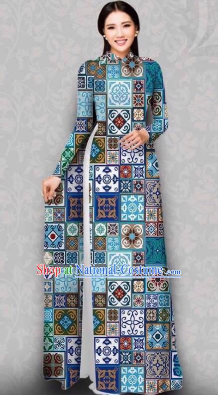 Asian Vietnam Traditional Blue Dress Bride Costume Vietnamese National Classical Ao Dai Cheongsam for Women