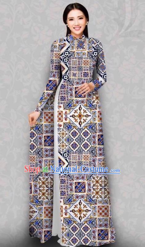 Asian Vietnam Traditional Geometry Pattern Dress Bride Costume Vietnamese National Classical Ao Dai Cheongsam for Women