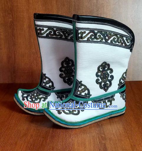 Traditional Chinese Mongol Ethnic Embroidered White Leather Boots Mongolian Minority Folk Dance Shoes for Kids