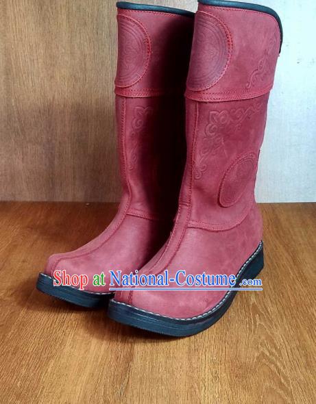 Traditional Chinese Mongol Ethnic Red Leather Boots Mongolian Minority Folk Dance Handmade Shoes for Men