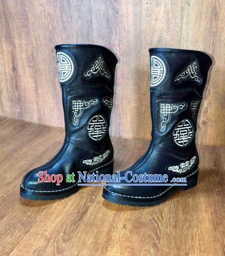 Traditional Chinese Mongol Ethnic Black Leather Boots Mongolian Minority Folk Dance Handmade Shoes for Men