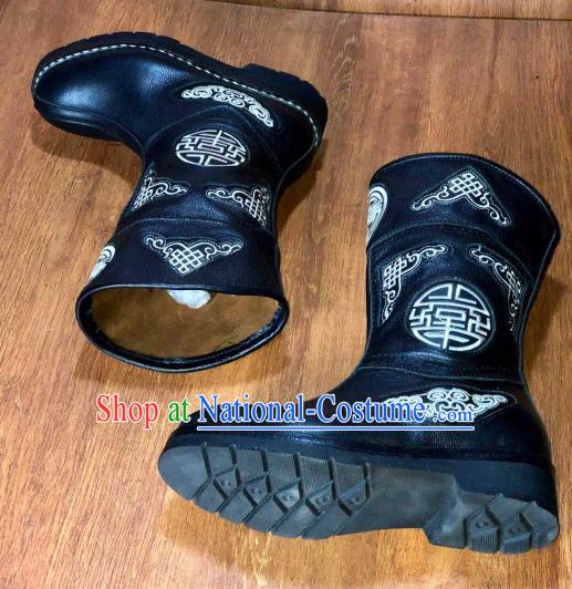 Traditional Chinese Mongol Ethnic Black Leather Boots Mongolian Minority Folk Dance Handmade Shoes for Men