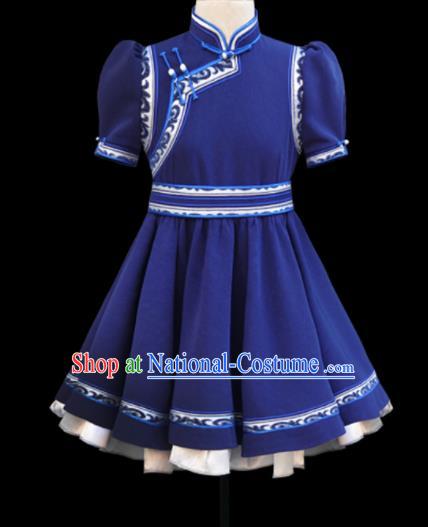 Traditional Chinese Mongol Ethnic Navy Short Dress Mongolian Minority Folk Dance Clothing for Kids