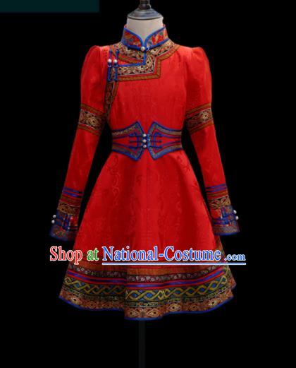 Traditional Chinese Mongol Ethnic Red Dress Mongolian Minority Folk Dance Clothing for Kids