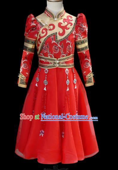 Chinese Traditional Mongol Ethnic Red Dress Mongolian Minority Folk Dance Clothing for Kids