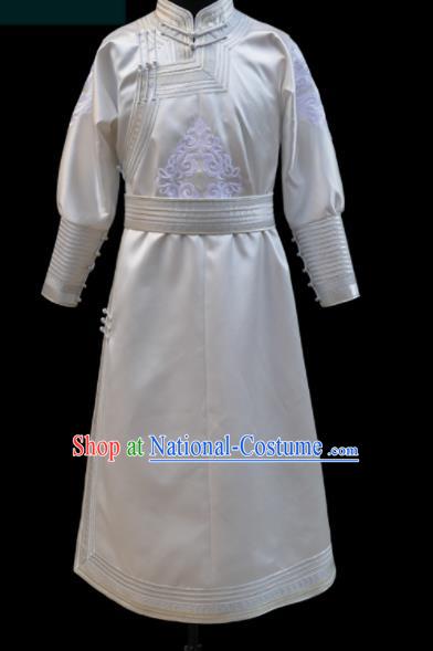 Chinese Traditional Mongol Ethnic Bridegroom White Robe Mongolian Minority Folk Dance Costume for Men