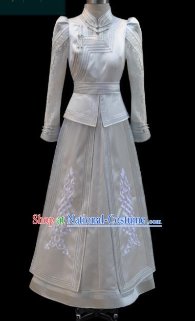 Traditional Chinese Mongol Ethnic Bride White Dress Mongolian Minority Folk Dance Embroidered Costume for Women