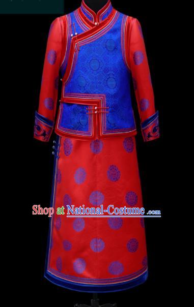 Chinese Traditional Mongol Ethnic Bridegroom Red Robe Mongolian Minority Folk Dance Costume for Men